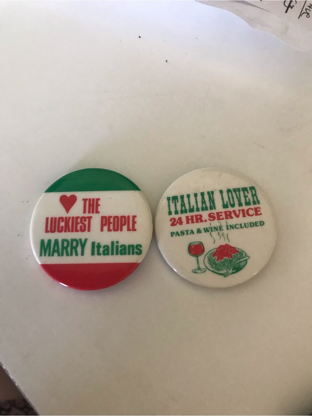 Vintage Italian-Themed Pinback Buttons - Green, Red, White